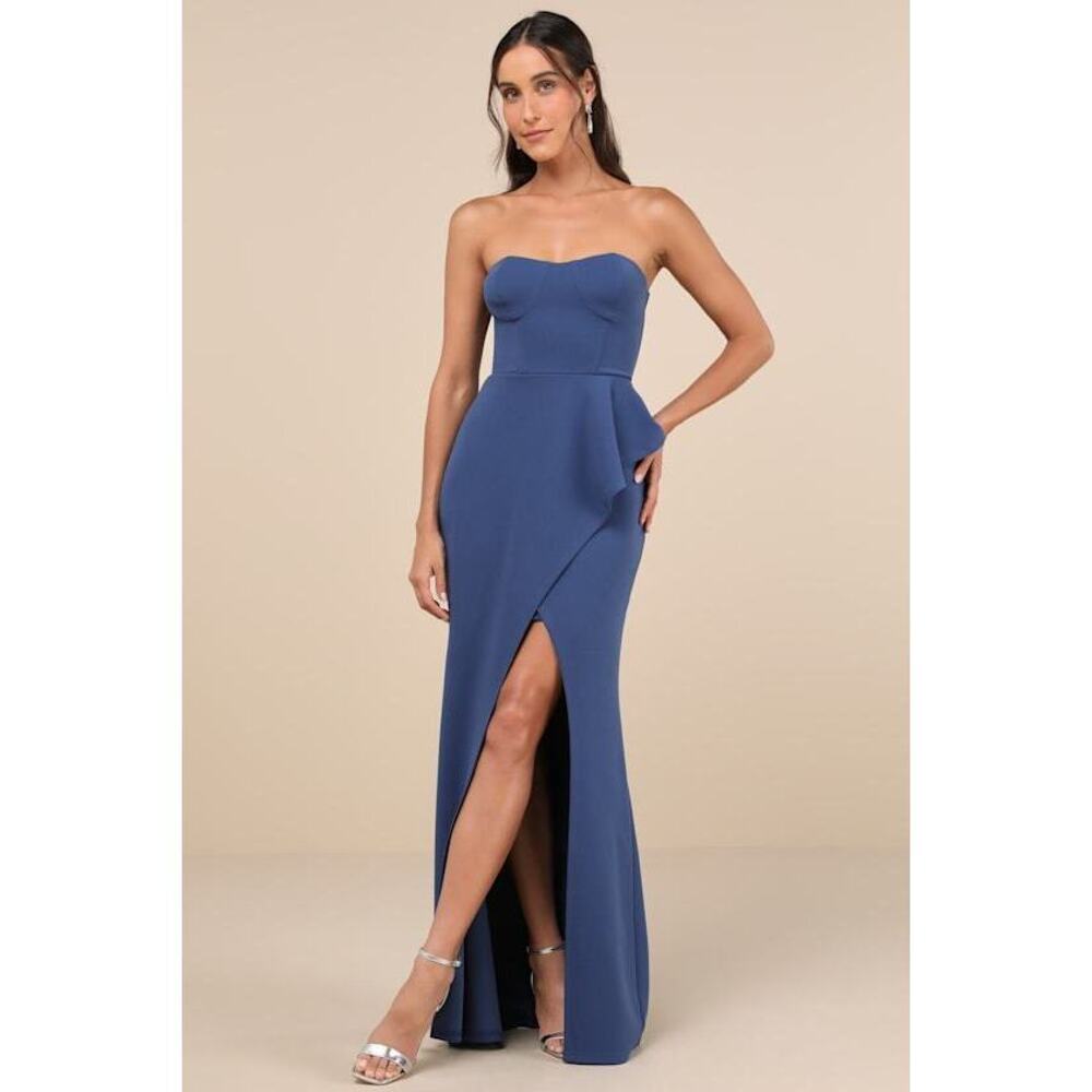 Lulus Stunning Splendor Blue Bustier Tulip Maxi Dress - Size S
